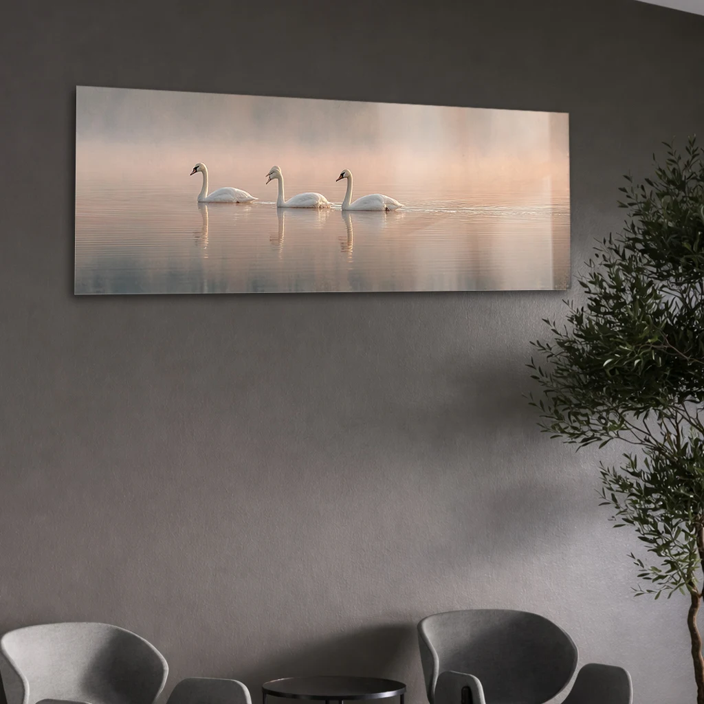 Altın Detaylı Kuğu Yatay Temperli Cam Tablo | Lüks Floral Duvar Sanatı Modern Salon Dekoru
