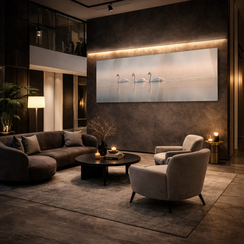 Altın Detaylı Kuğu Yatay Temperli Cam Tablo | Lüks Floral Duvar Sanatı Modern Salon Dekoru