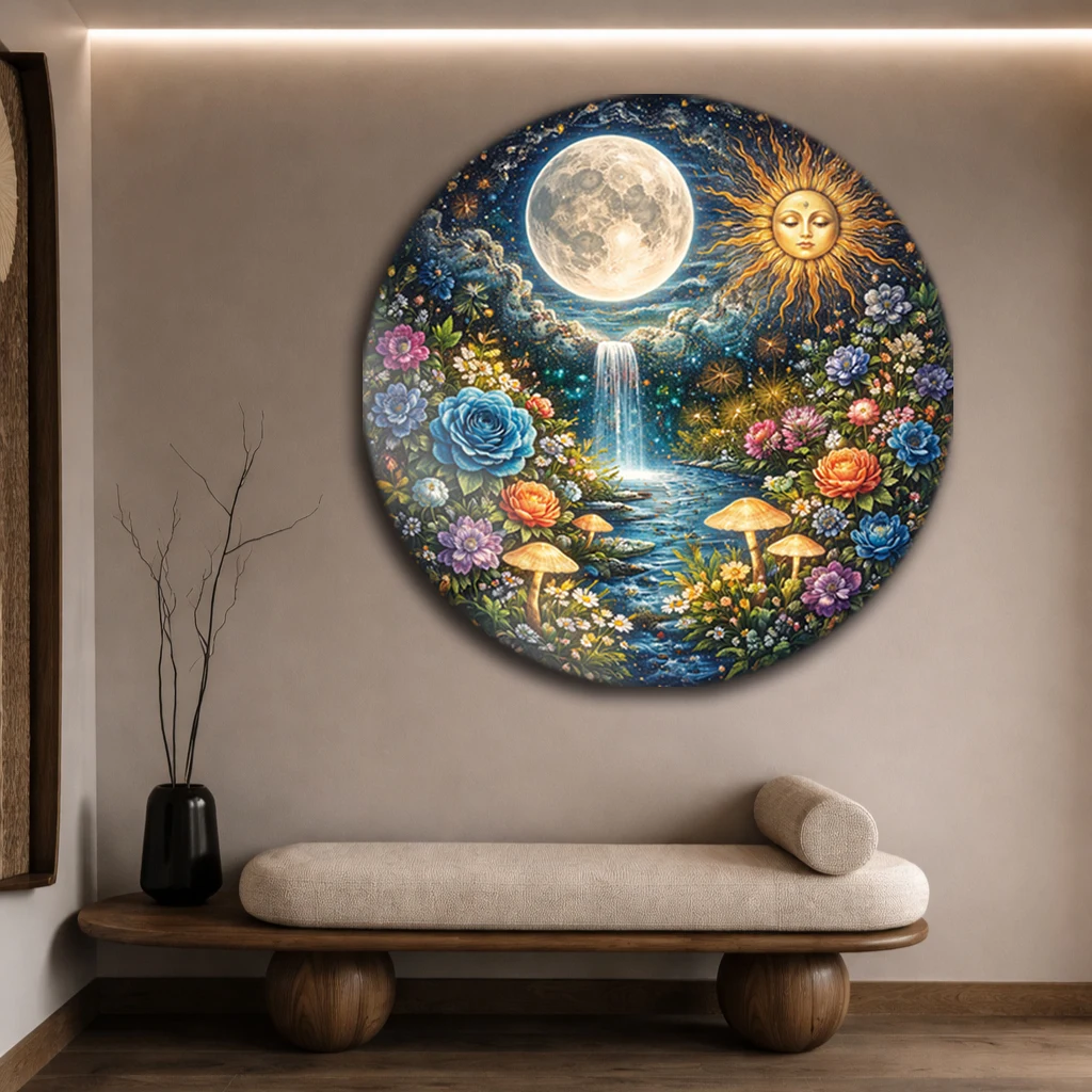 Güneş ve Ay Masalsı Doğa Yuvarlak Cam Tablo | MeteorGaleri