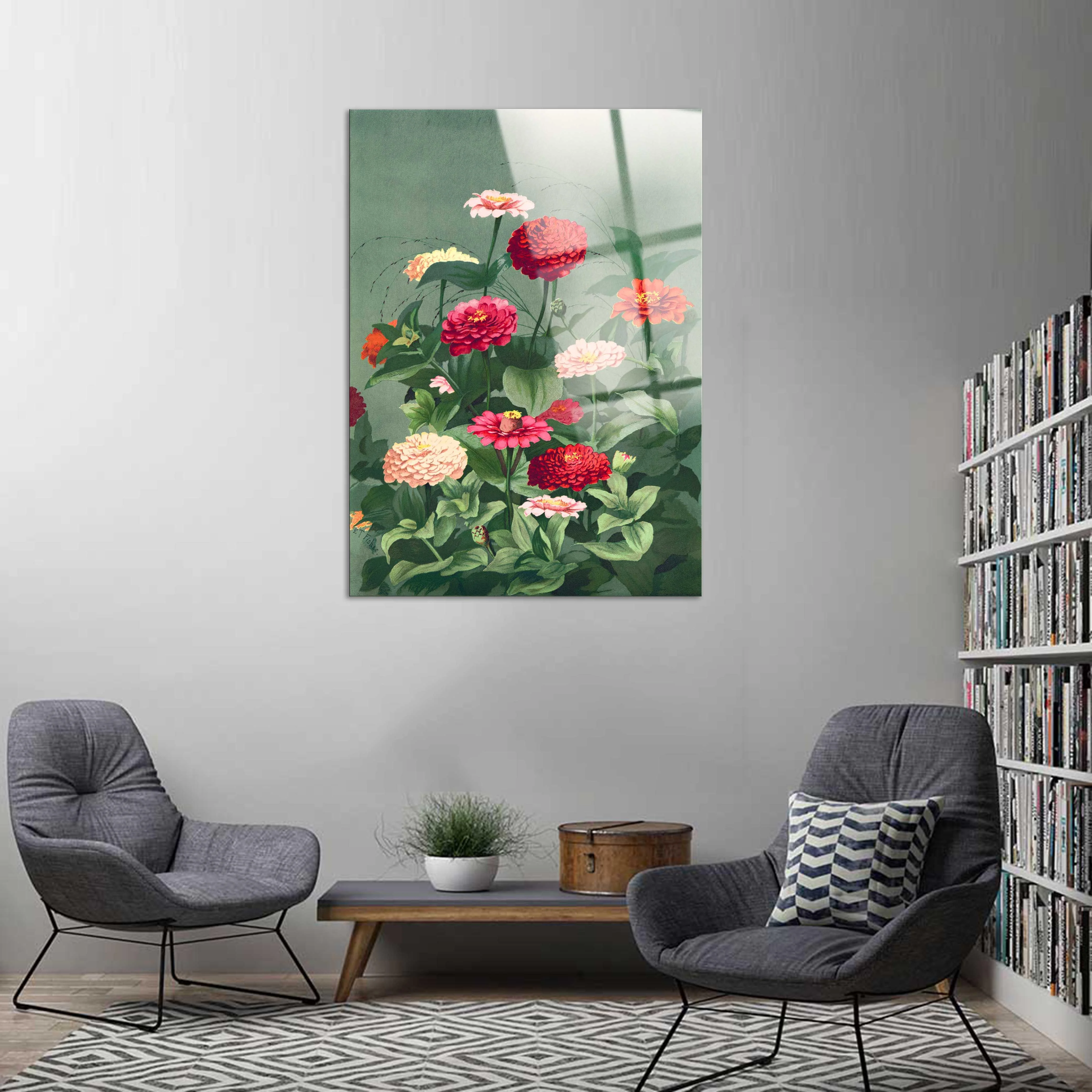 Kırmızı Pembe Renkli Çiçek Desenli Cam Tablo