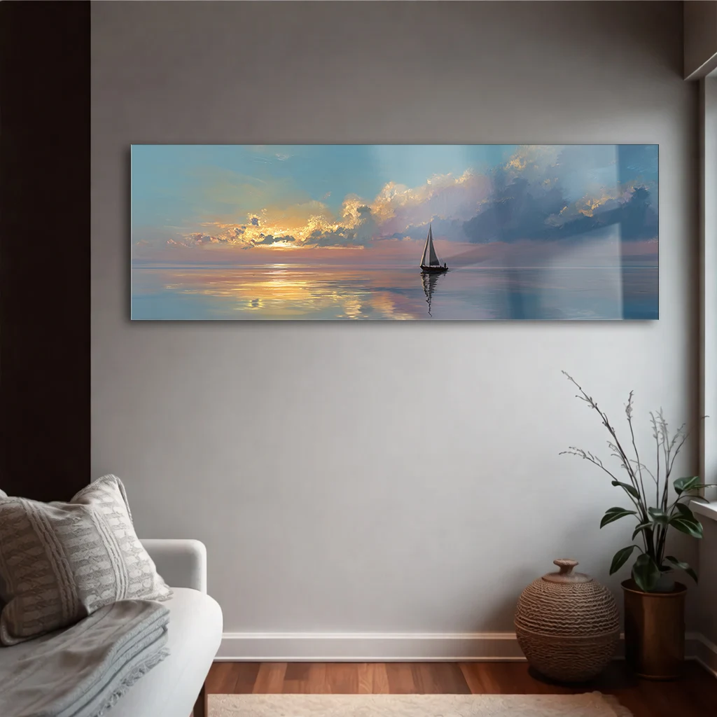 Panoramik Gün Batımı Denizde Yelkenli Cam Tablo | Yatay Temperli Duvar Dekoru