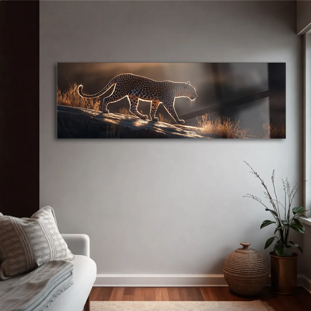 Panoramik Gün Batımı Leopar Cam Tablo | Yatay Temperli Duvar Dekoru
