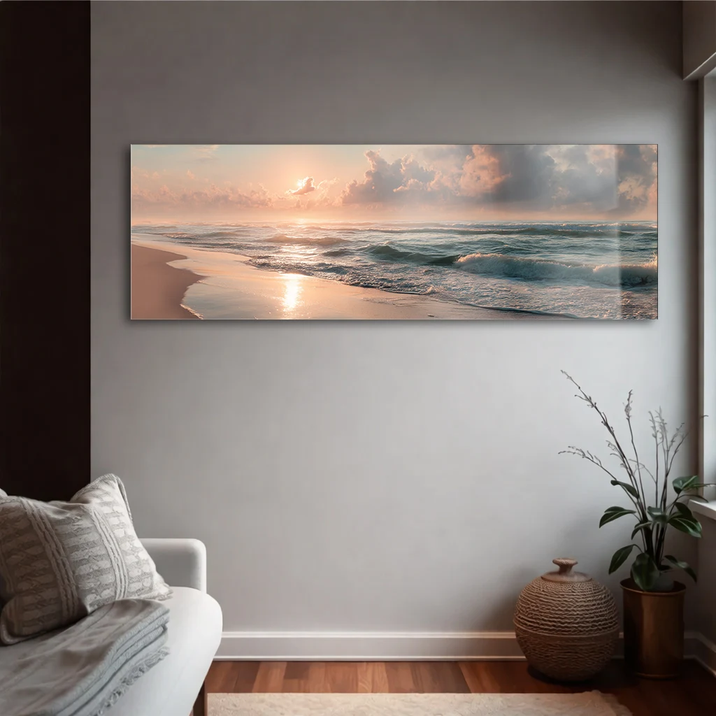 Panoramik Gün Doğumu Sahil ve Dalga Manzaralı Cam Tablo | Modern Yatay Duvar Dekoru