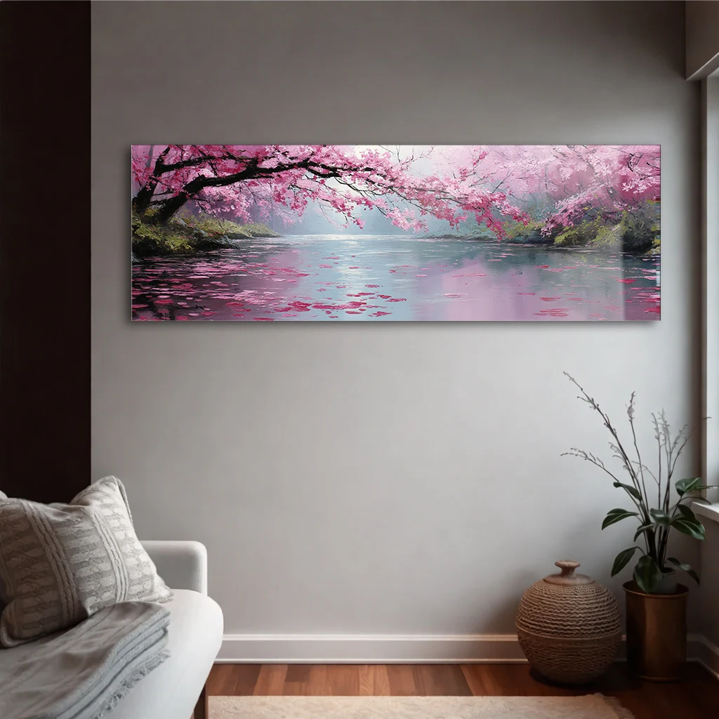 Panoramik Pembe Sakura Ağacı ve Göl Manzaralı Cam Tablo | Yatay Temperli Duvar Dekoru