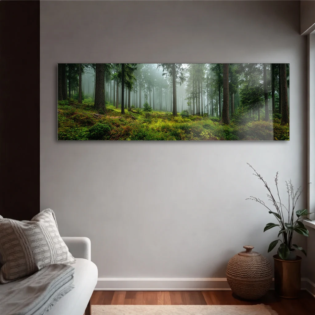 Panoramik Sisli Orman Manzaralı Cam Tablo | Yatay Temperli Duvar Dekoru