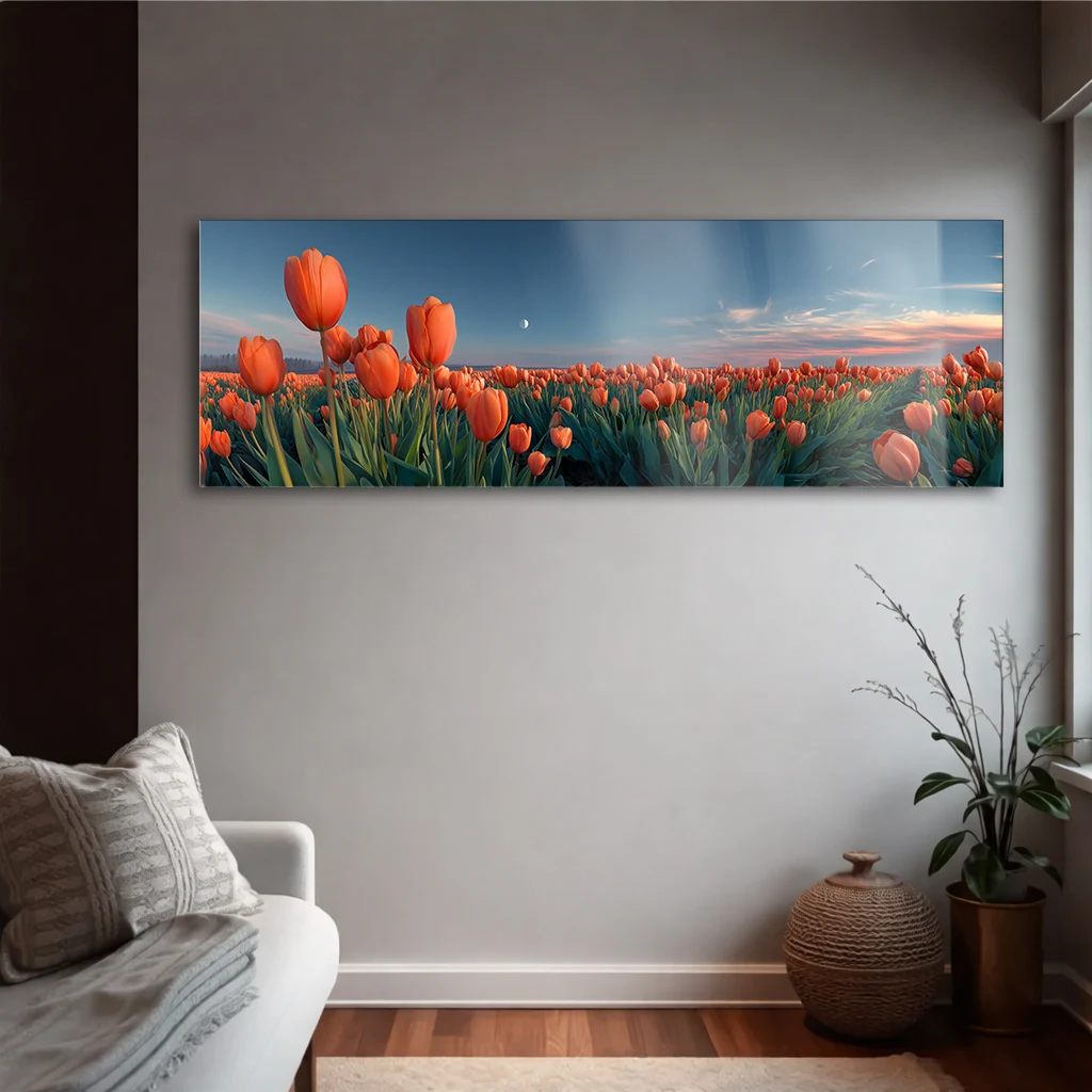Panoramik Turuncu Lale Tarlası Cam Tablo | Yatay Temperli Duvar Dekoru