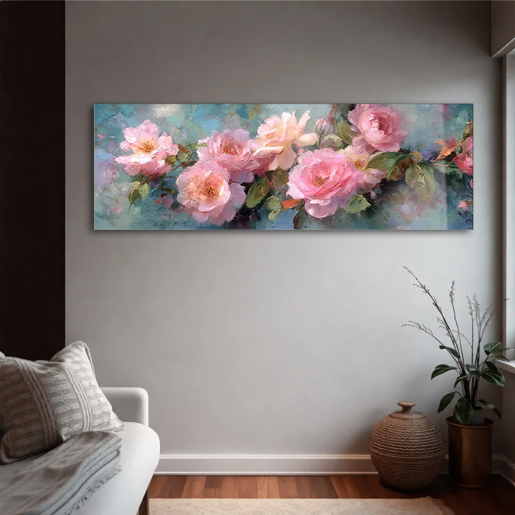 Panoramik Yağlı Boya Pembe Güller Cam Tablo | Yatay Temperli Duvar Dekoru