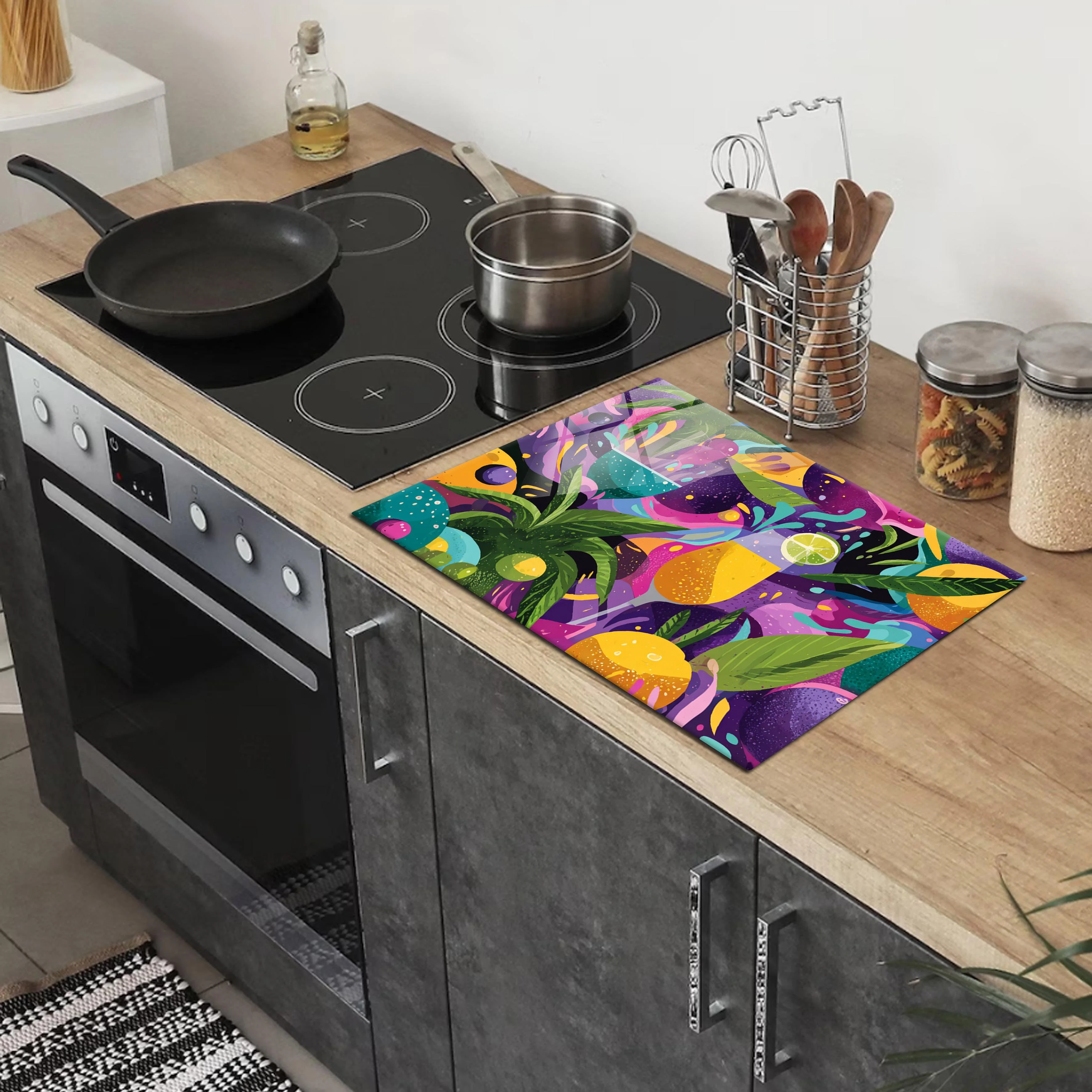 Renkli Kokteyl ve Tropikal Desenli Temperli Cam Kesme Tahtası 20x30 cm | Hijyenik ve Dayanıklı