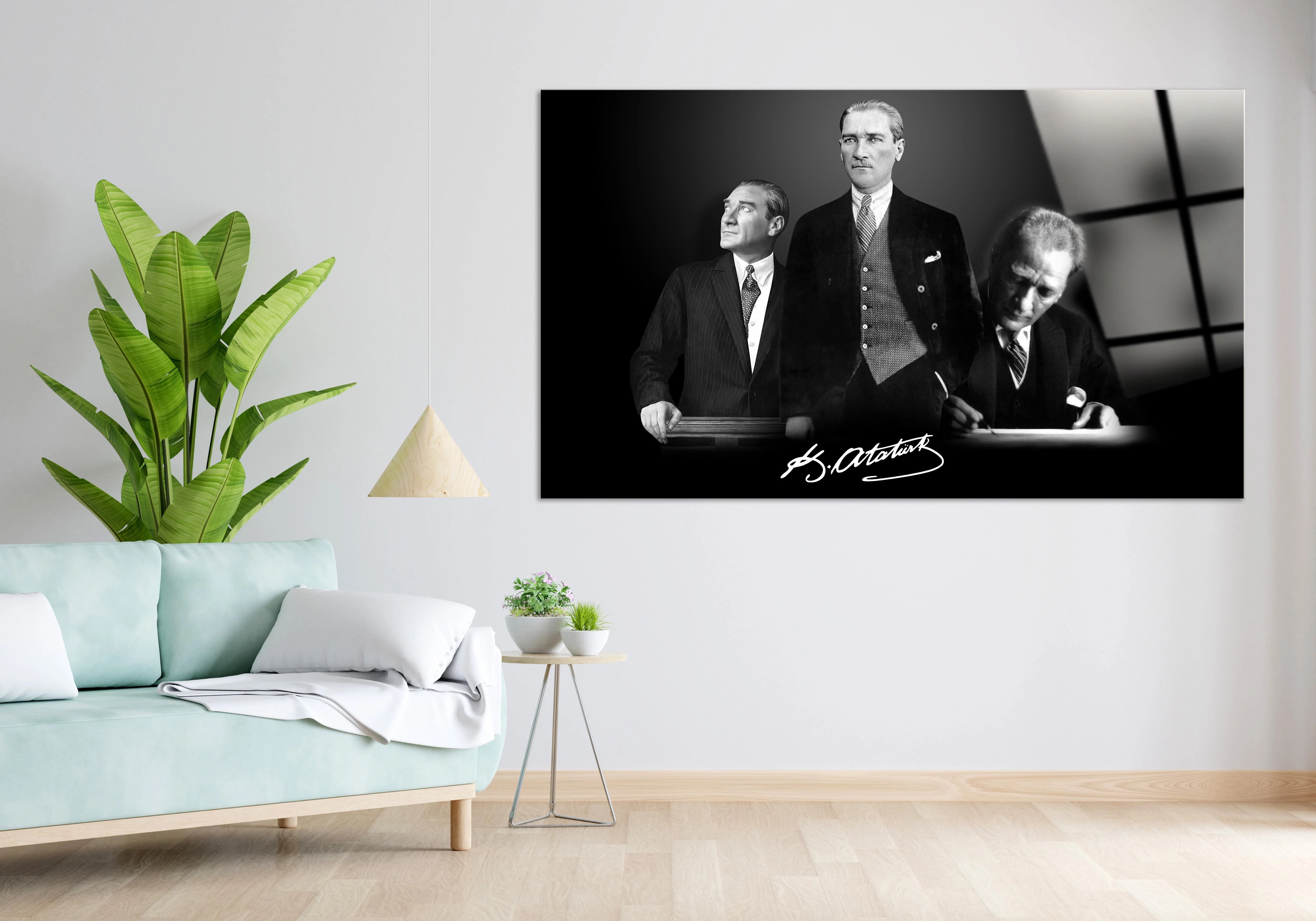 Siyah Beyaz Şanlı Atatürk Üçü Bir Tabloda Resimleri Cam Tablo