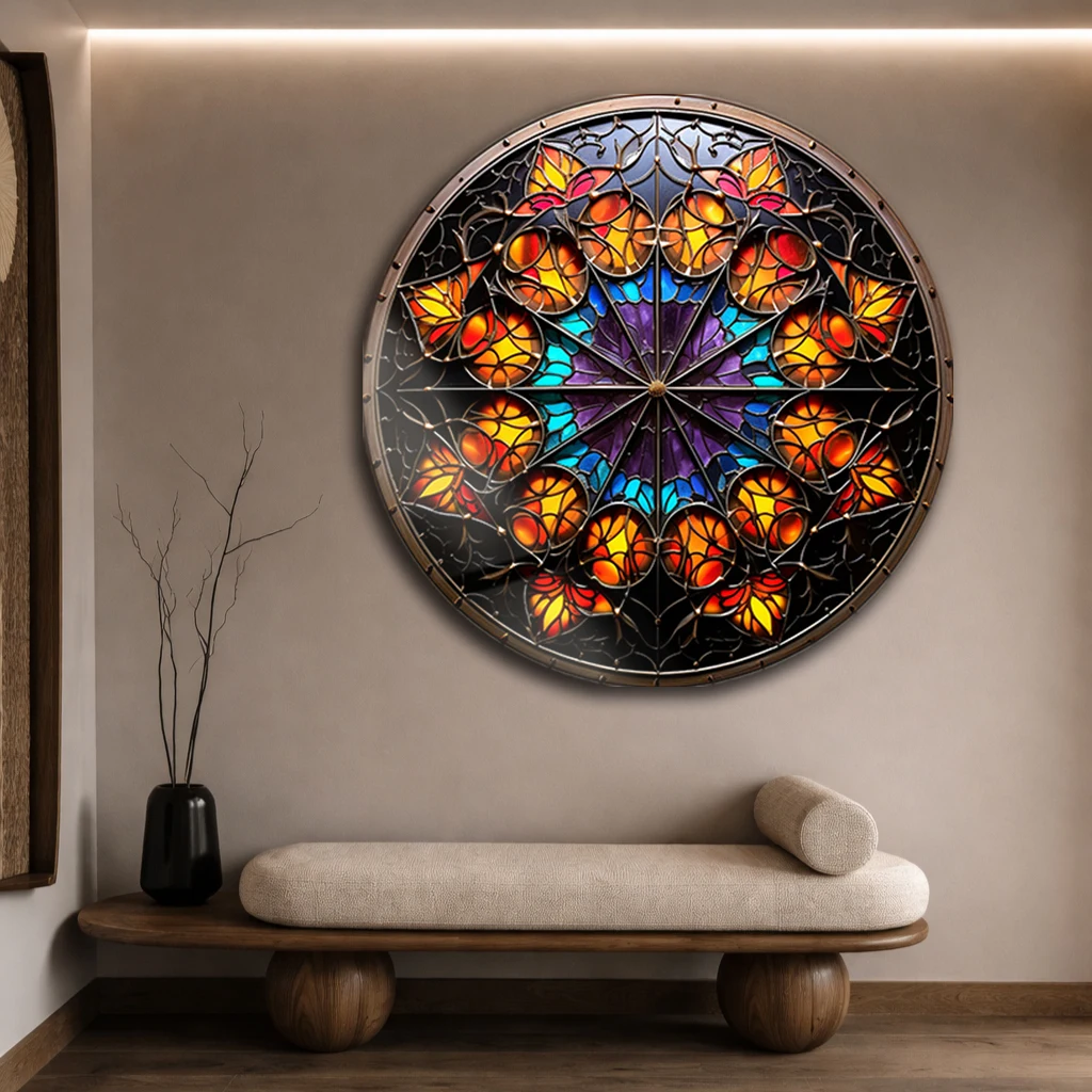 Vitray Gül Pencere Desenli Yuvarlak Cam Tablo | Modern Duvar Dekoru