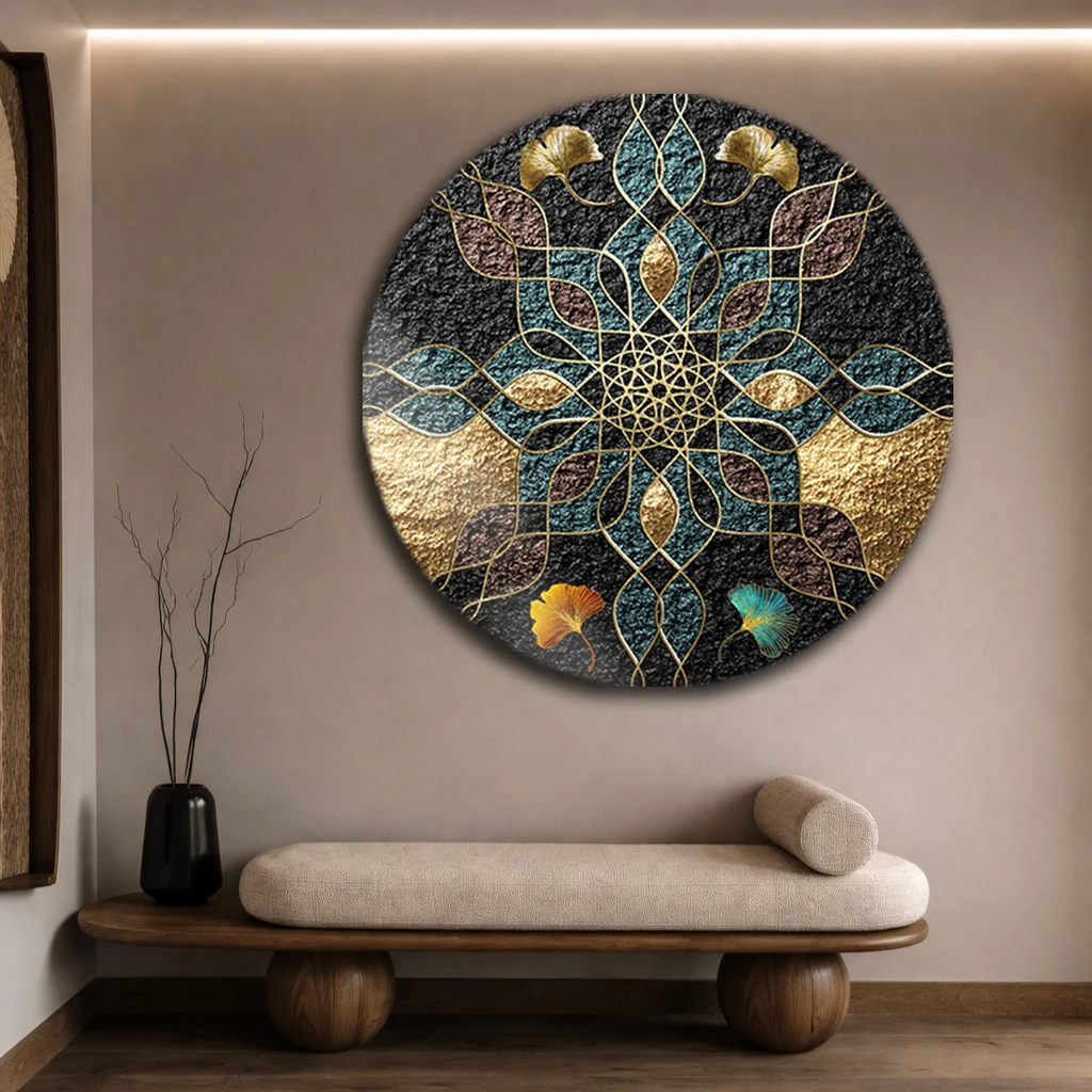 Yuvarlak Altın Ginkgo Mandala Temperli Cam Tablo | Modern Duvar Dekoru