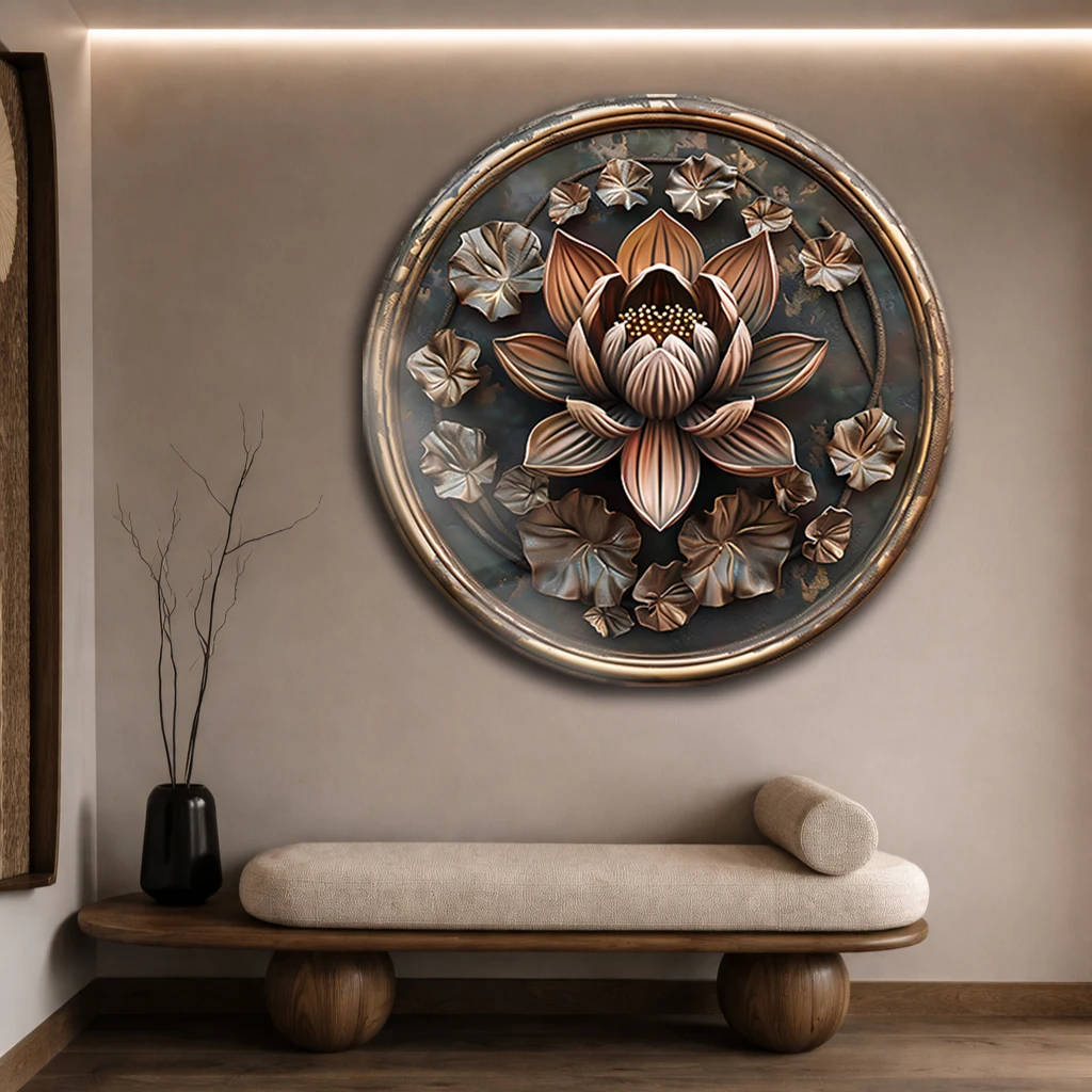 Yuvarlak Bronz Lotus Çiçeği Cam Tablo | 3D Rölyef Görünümlü Duvar Dekoru