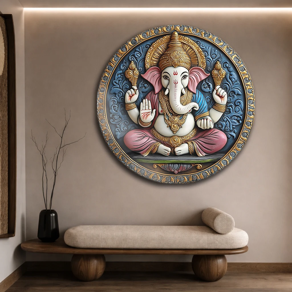 Yuvarlak Lord Ganesha Rölyef Görünümlü Cam Tablo | Etnik Duvar Dekoru