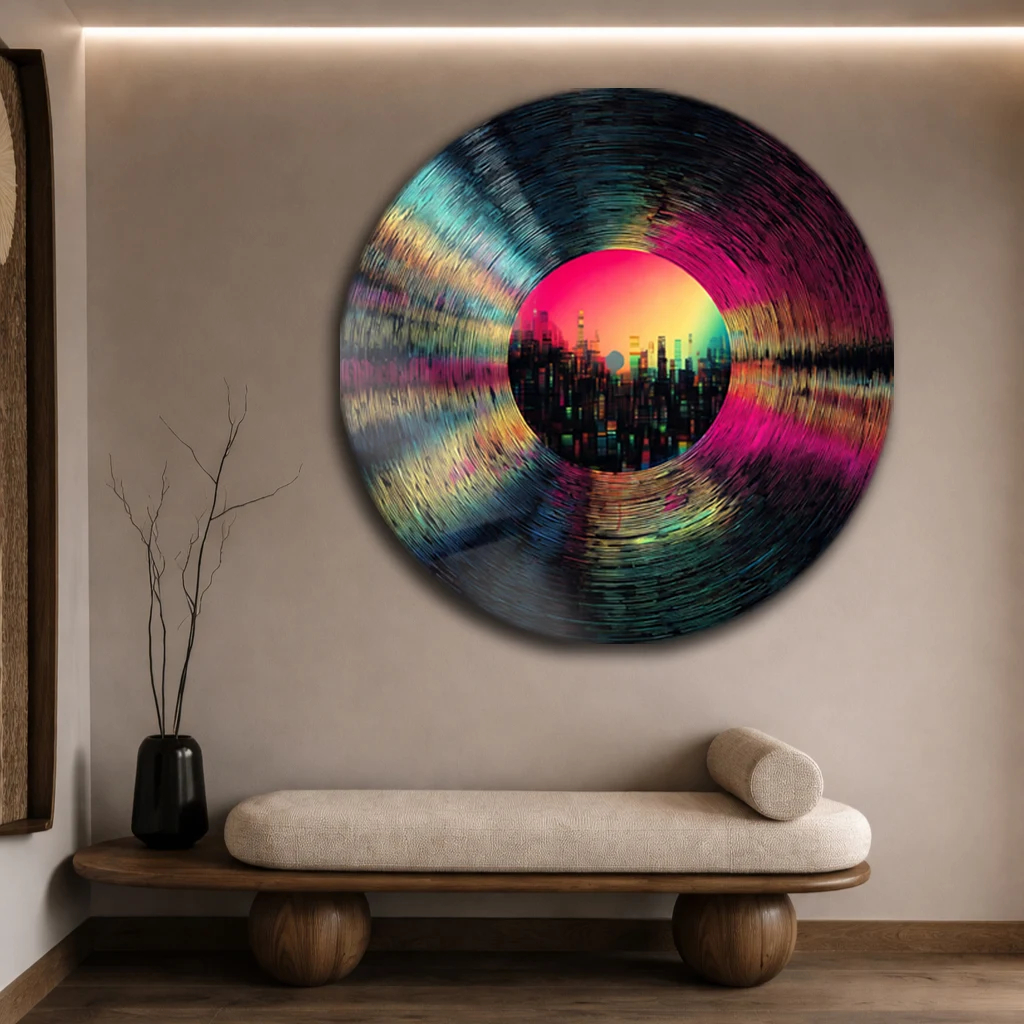 Yuvarlak Neon Şehir ve Plak Temalı Cam Tablo | Fütüristik Duvar Dekoru