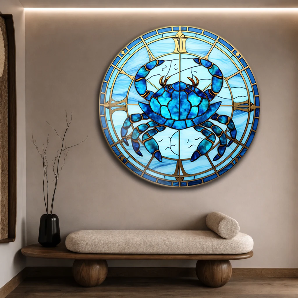 Yuvarlak Vitray Desenli Mavi Yengeç Cam Tablo | Modern Duvar Dekoru