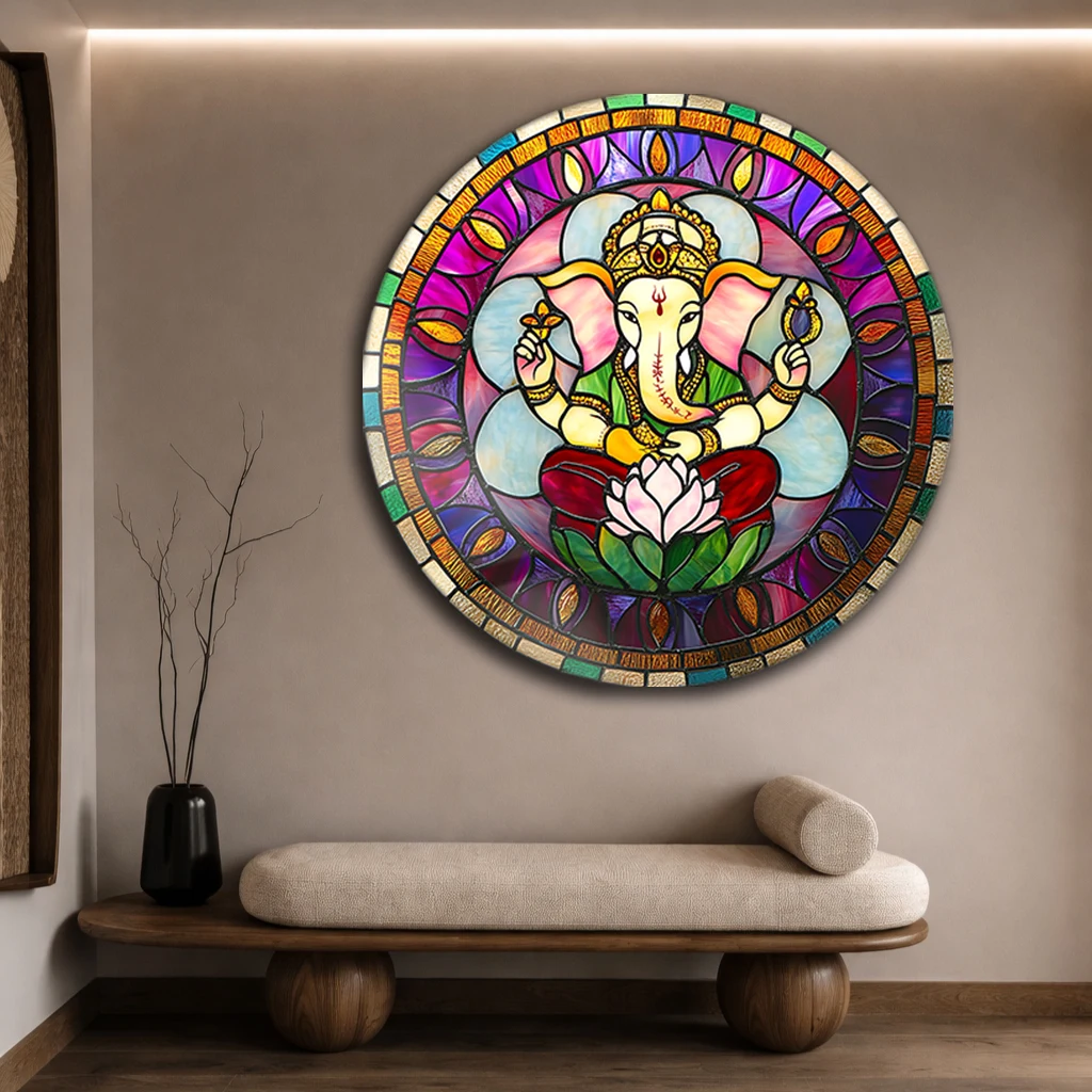 Yuvarlak Vitray Ganesha Cam Tablo | Etnik ve Ruhani Duvar Dekoru