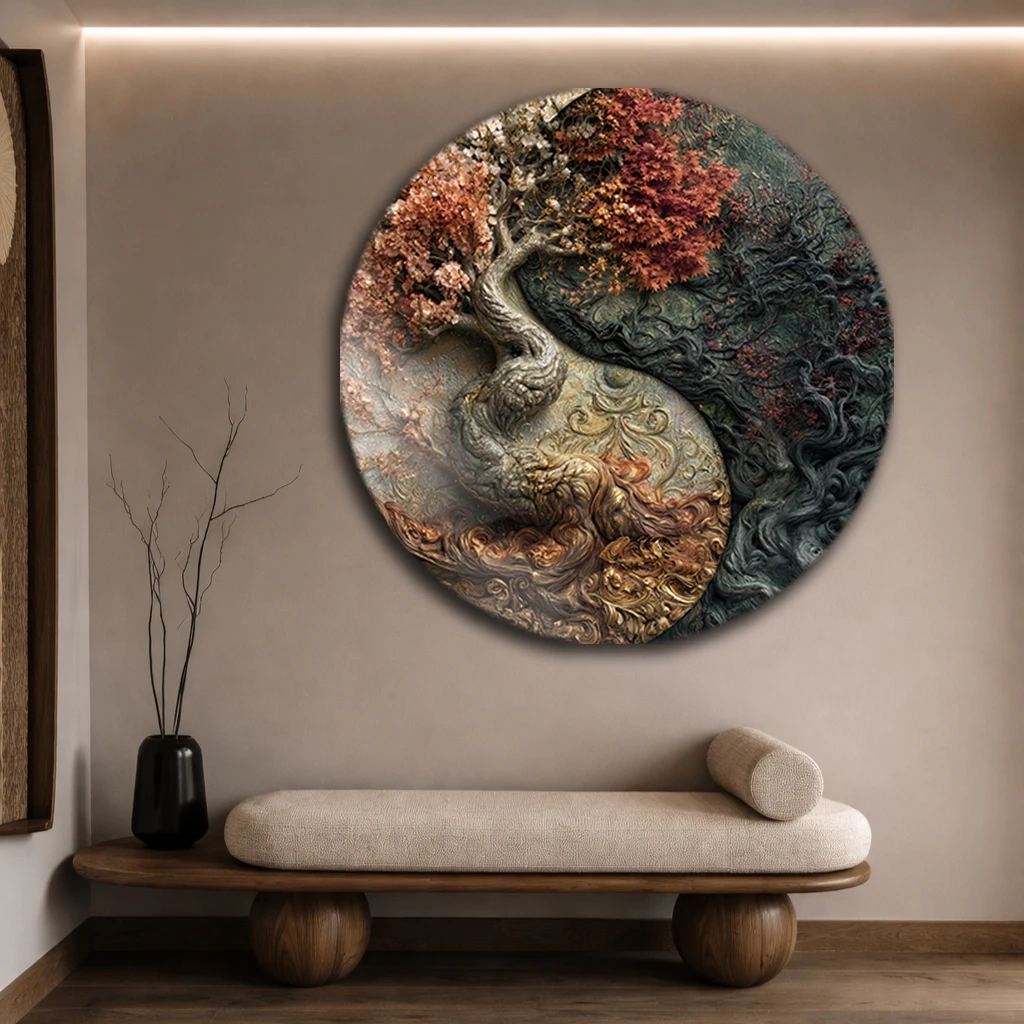Yuvarlak Yin Yang Hayat Ağacı Cam Tablo | Modern Rölyef Duvar Dekoru