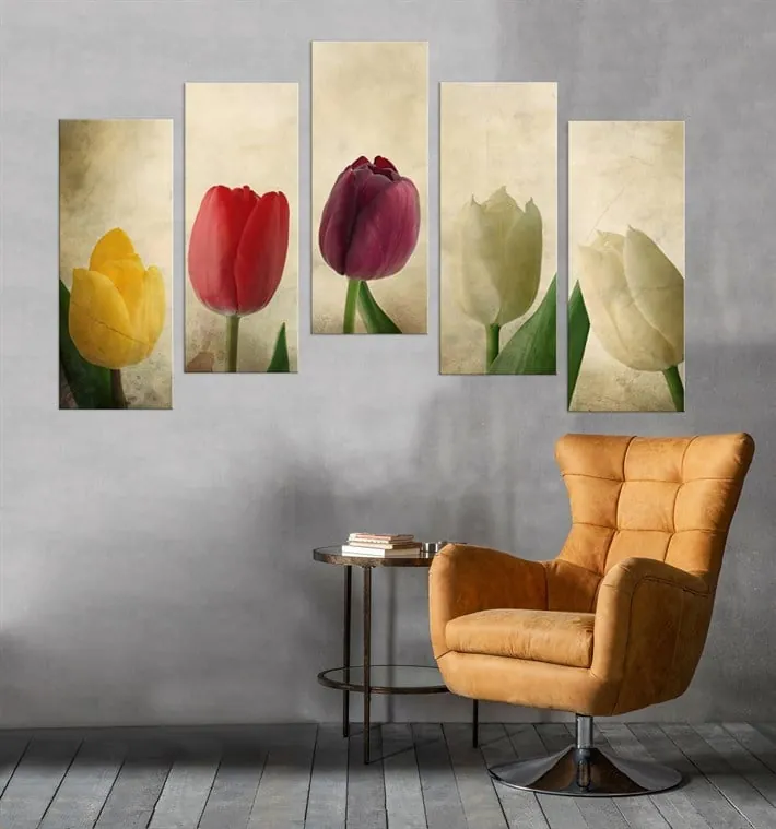 5 Parça Renkli Laleler Kanvas Tablo