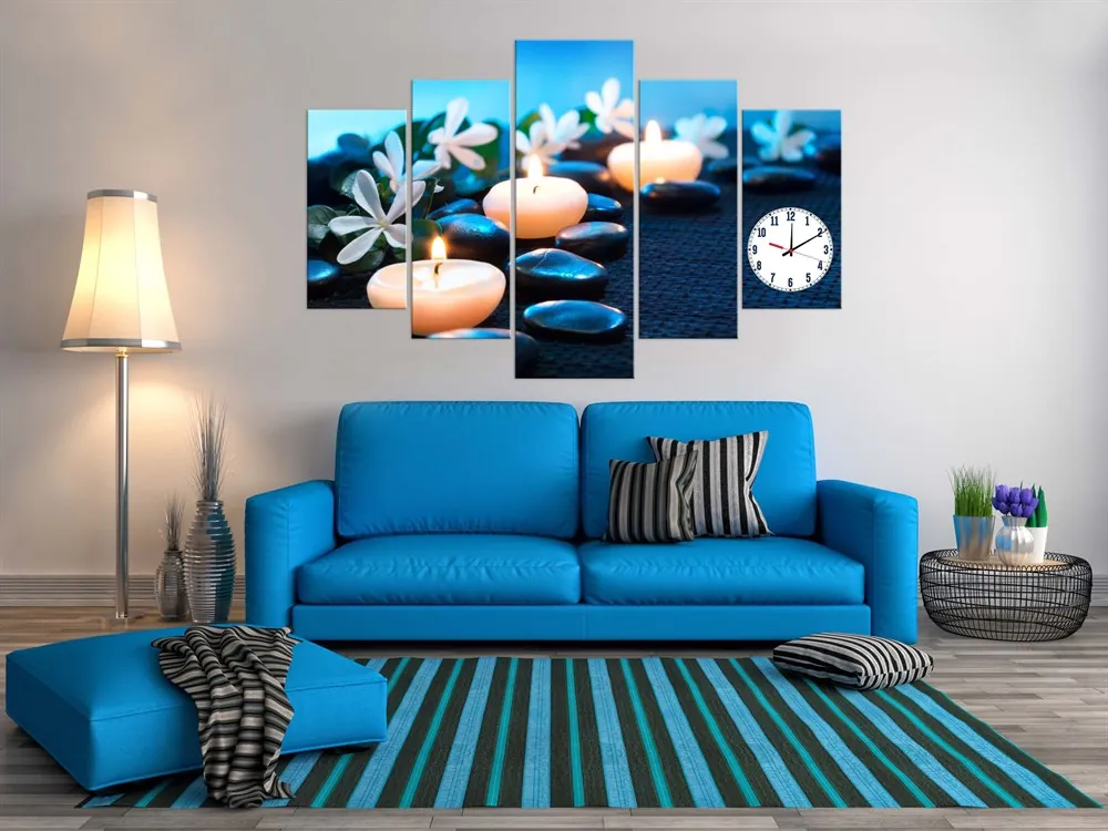 5 Parça Spa Taşları Saatli Kanvas Tablo