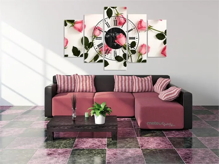 Pembe güll?? Saatli Romantik Kanvas Tablo