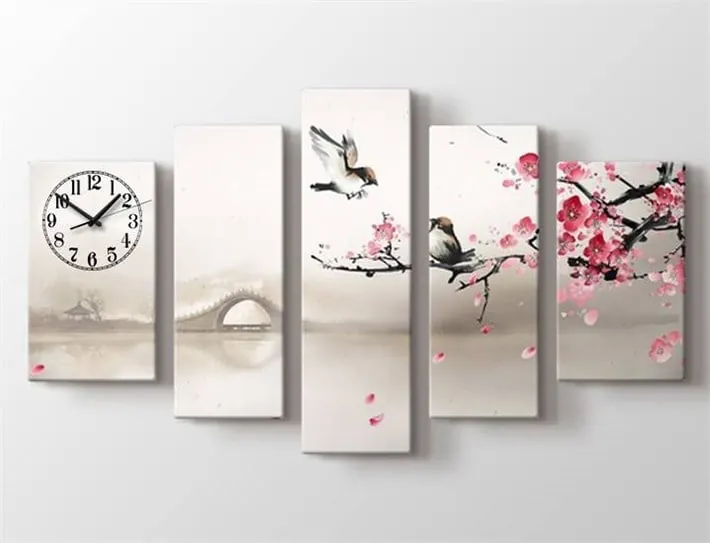 Dekoratif manzara 5 parça saatli kanvas tablo