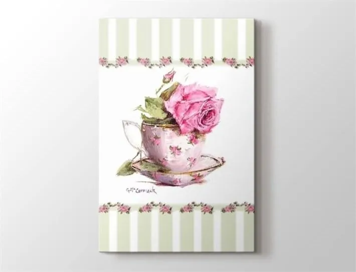 Vintage Pembe Güllü Fincan Retro Kanvas Tablo