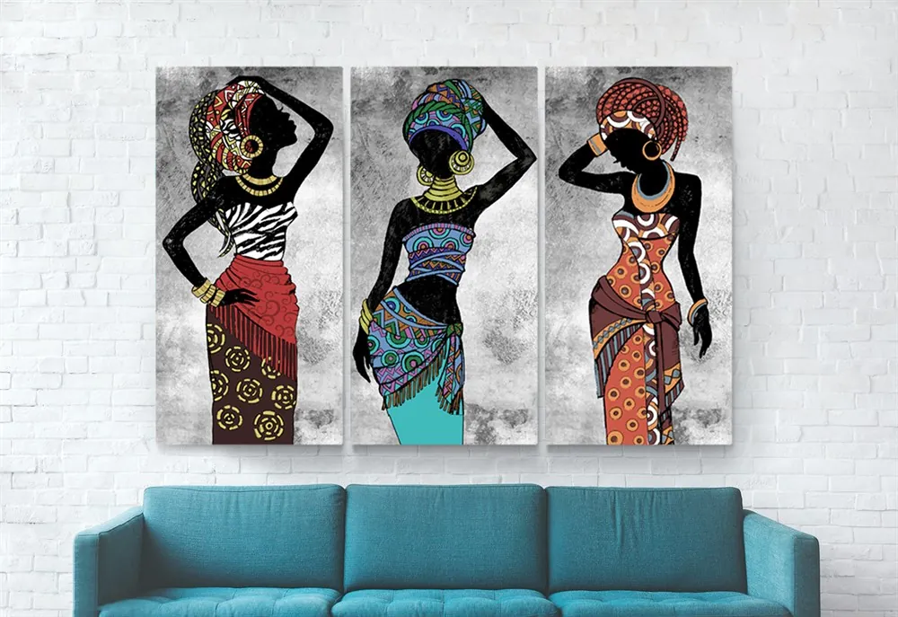 Afrikalı Renkli Siyahi Kadınlar 3 Parçalı Kanvas Tablo