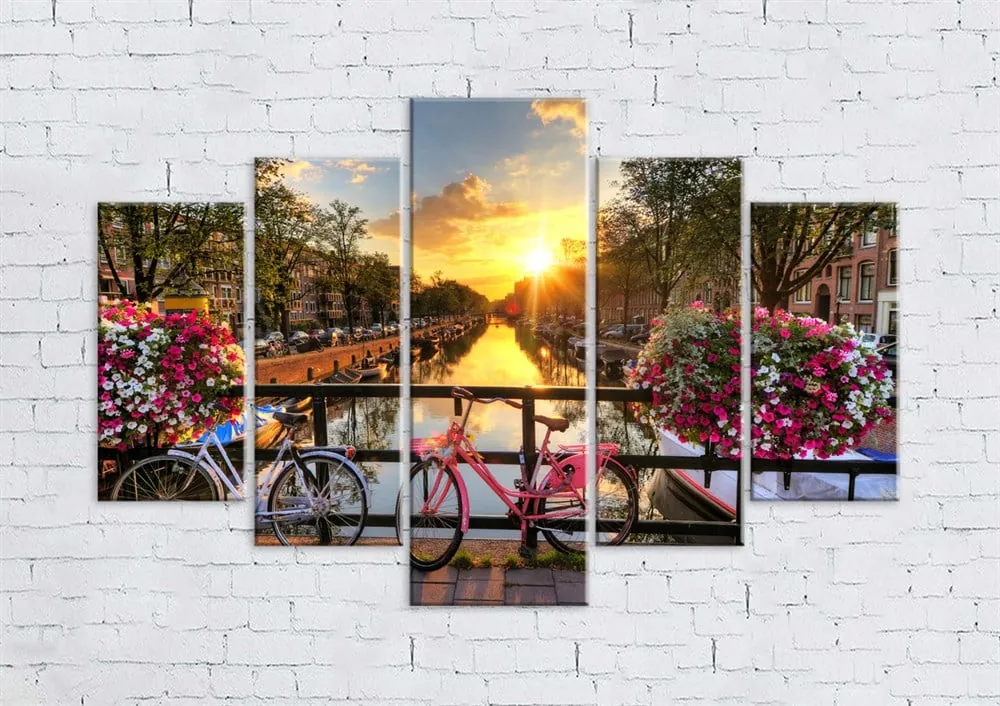 Amsterdam Gün Batımı Çiçekli Bisikletli Kanvas Tablo
