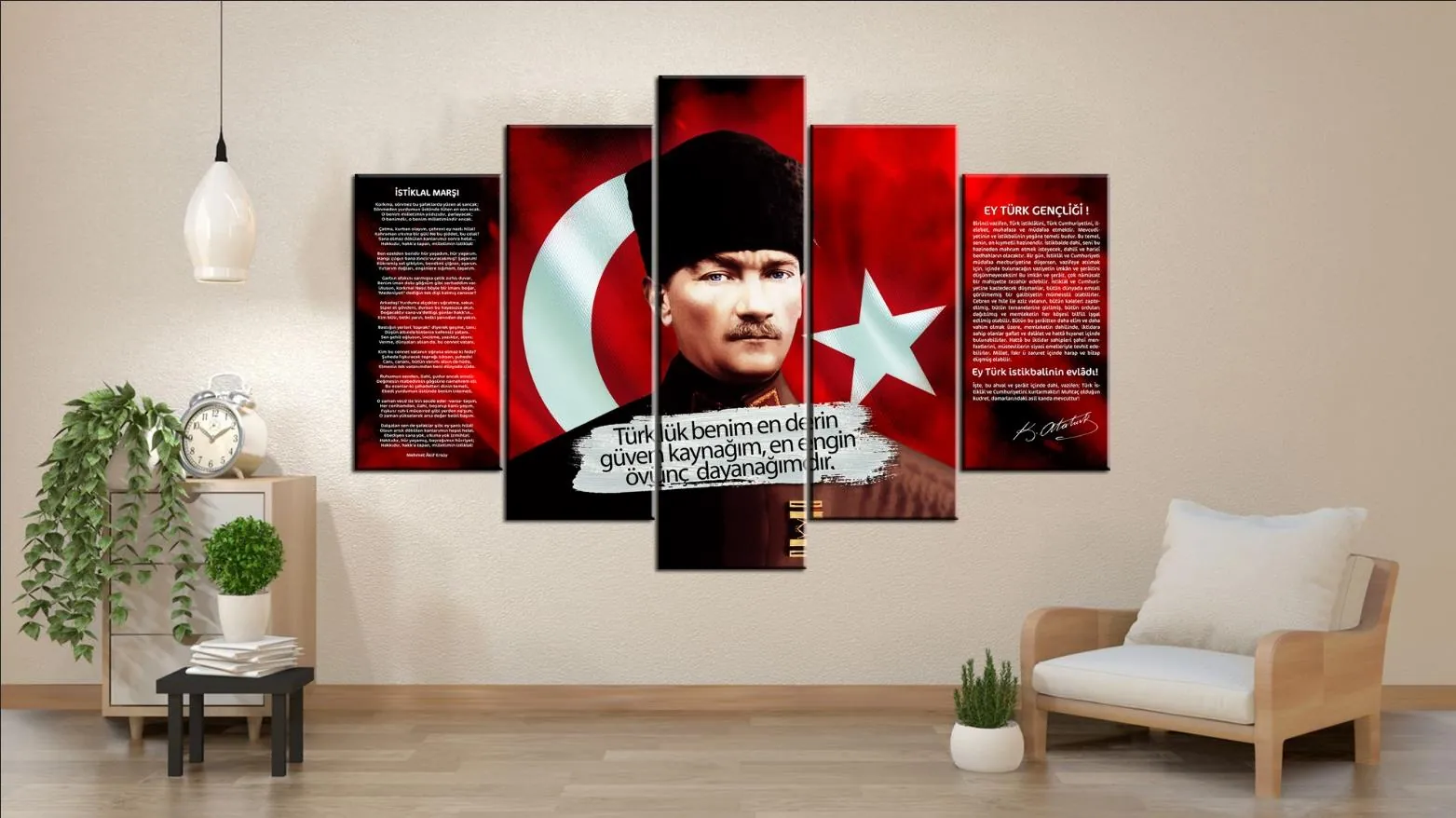 Atatürk, Kalpakl?? Atatürk Resmi, ??stiklal MarÜç ve Gen??li??e Hitabe 5 Parçalı Kanvas Tablo