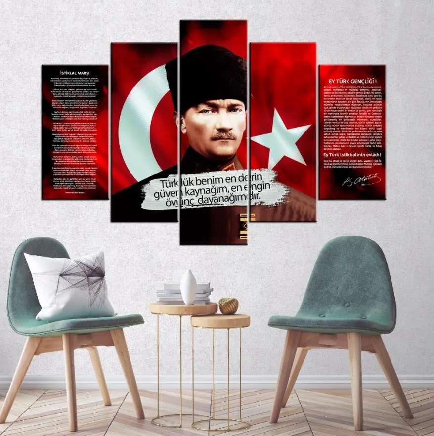 Atatürk, Kalpakl?? Atatürk Resmi, ??stiklal MarÜç ve Gen??li??e Hitabe 5 Parçalı Kanvas Tablo
