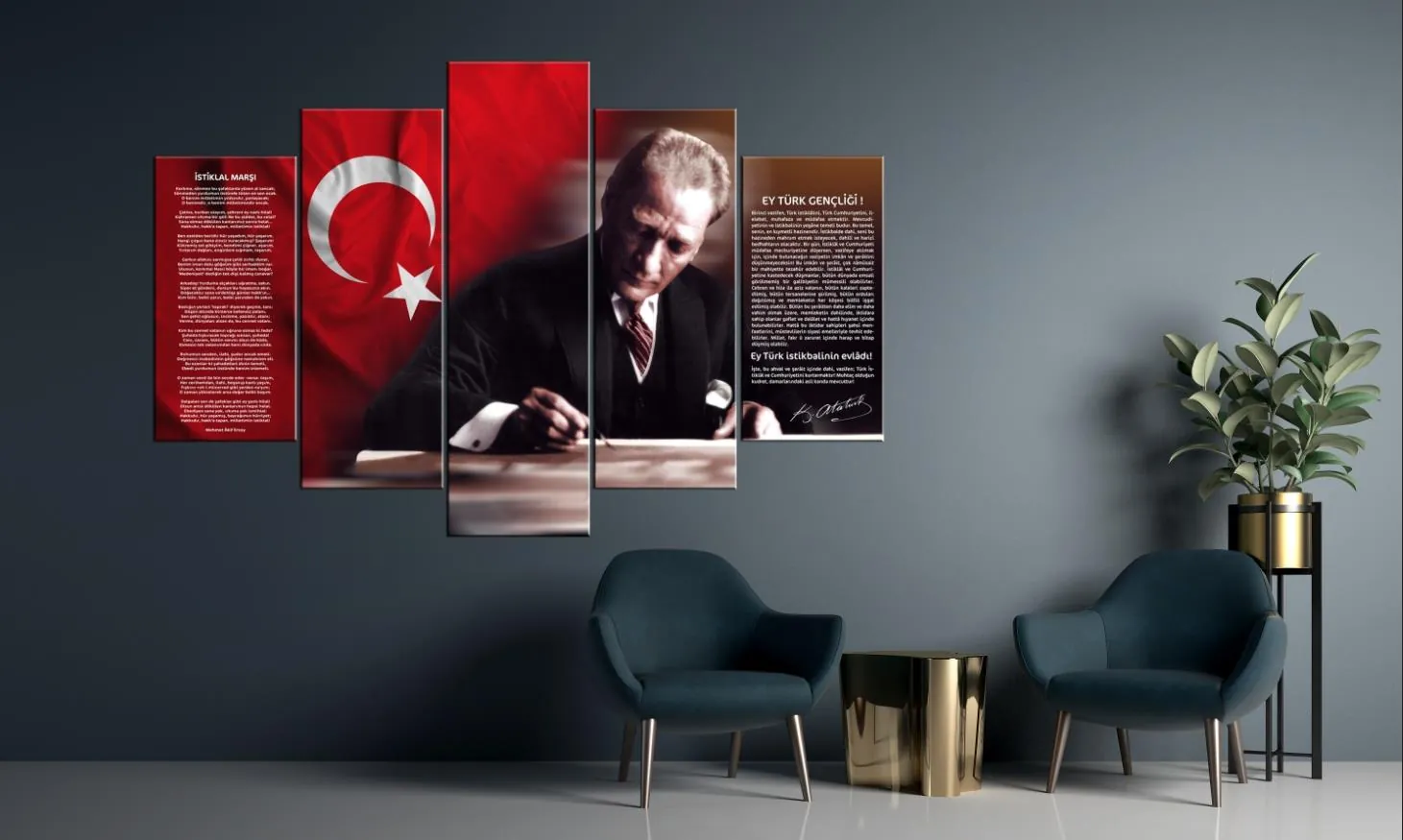 Atatürk, Türk BayraÜç, ??stiklal MarÜç ve Gen??li??e Hitabe 5 Parçalı Kanvas Tablo