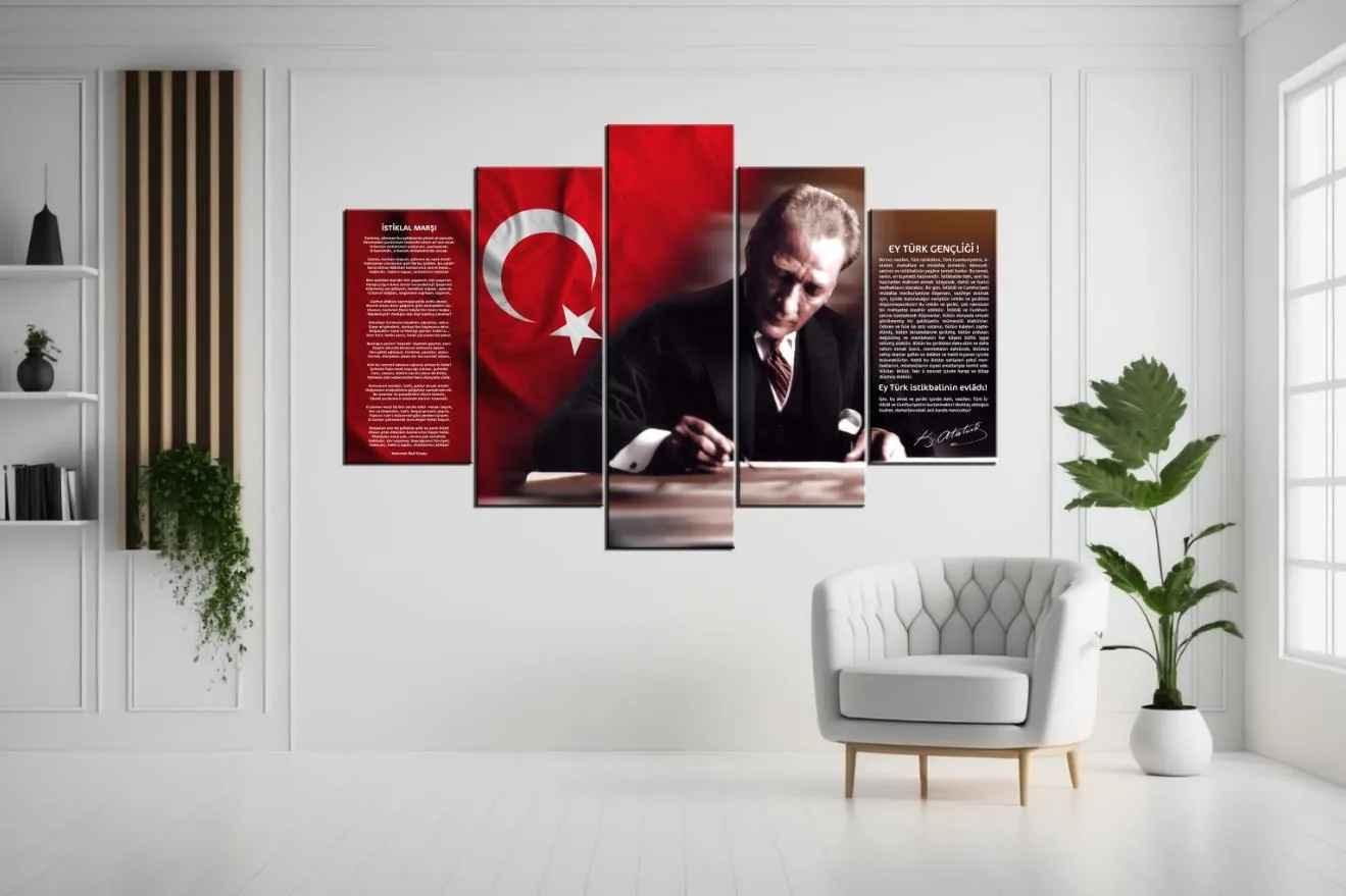 Atatürk, Türk BayraÜç, ??stiklal MarÜç ve Gen??li??e Hitabe 5 Parçalı Kanvas Tablo