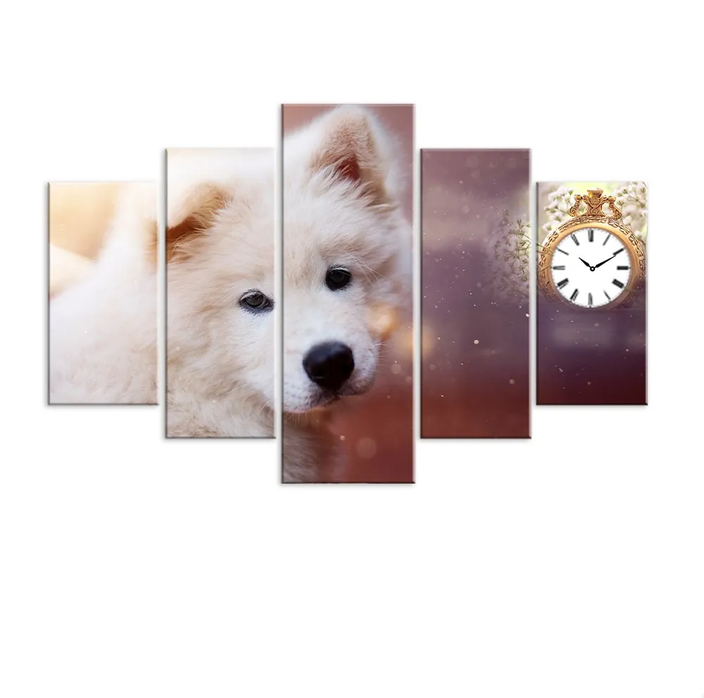 Beyaz Köpek Saatli Dekoratif Kanvas Tablo
