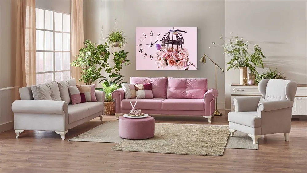 Kafeste Ku??lar ile Pembe Renkli Çiçekler Saatli Kanvas Tablo