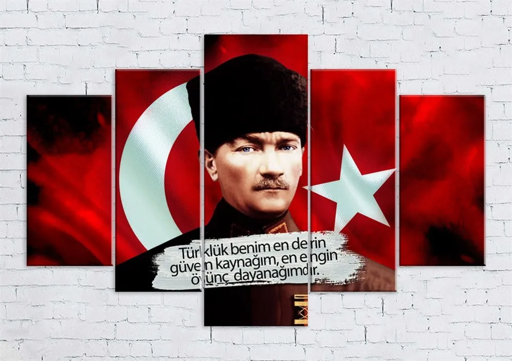 Kalpaklı Atatürk Resmi ve Türk Bayrağı Kanvas Tablosu