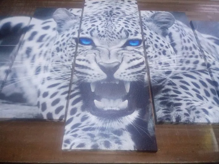 Mavi G??zl?? Gri Kaplan 5 Parça Kanvas Tablo
