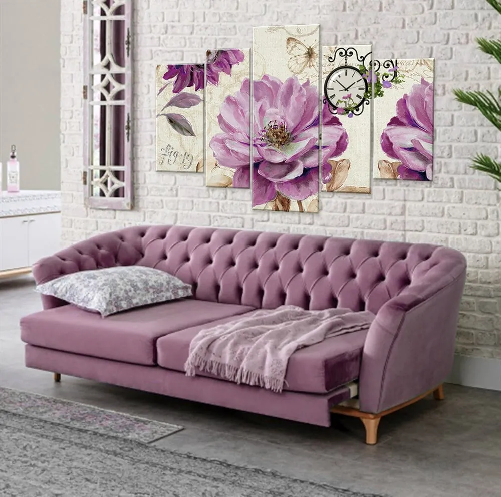 Pembe Renkli Çiçekli 5 Parça Saatli Dekoratif Kanvas Tablo