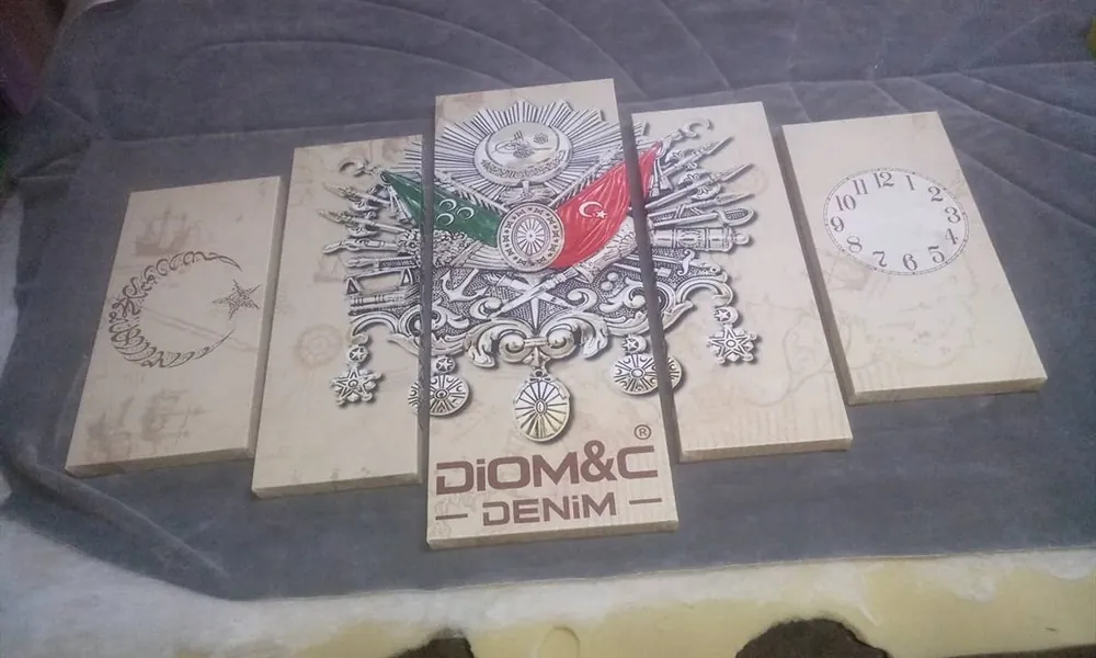 Osmanlı Logolu Ay Y??ld??z Saatli 5 Parça Kanvas Tablo