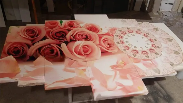 Pembe Güller Vintage Saatli 5 Parça Kanvas Tablo
