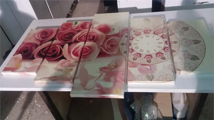 Pembe Güller Vintage Saatli 5 Parça Kanvas Tablo