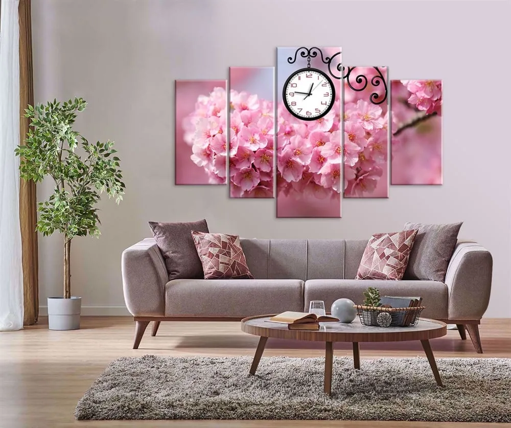 Pembe ??lkbahar Çiçekli Saatli Kanvas Tablo