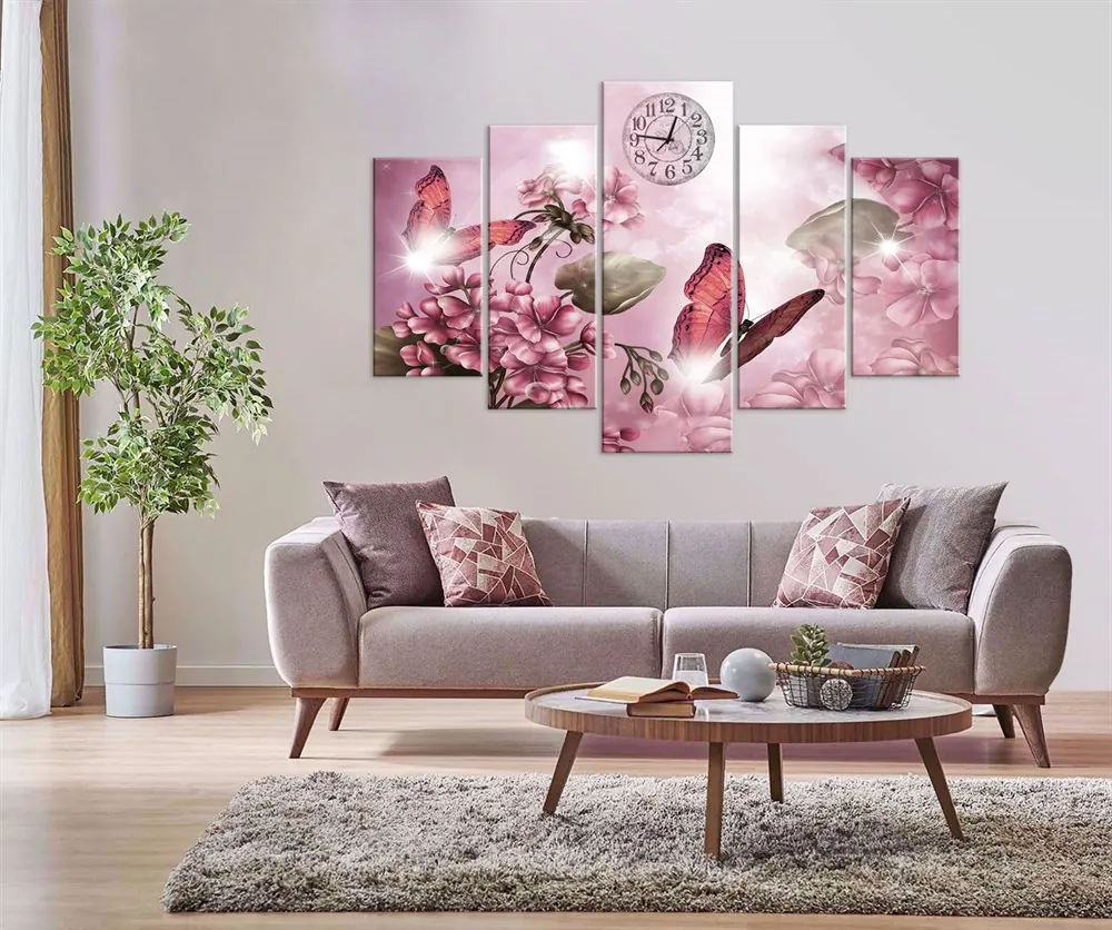 Pembe Kelebekli Çiçekli Saatli Kanvas Tablo