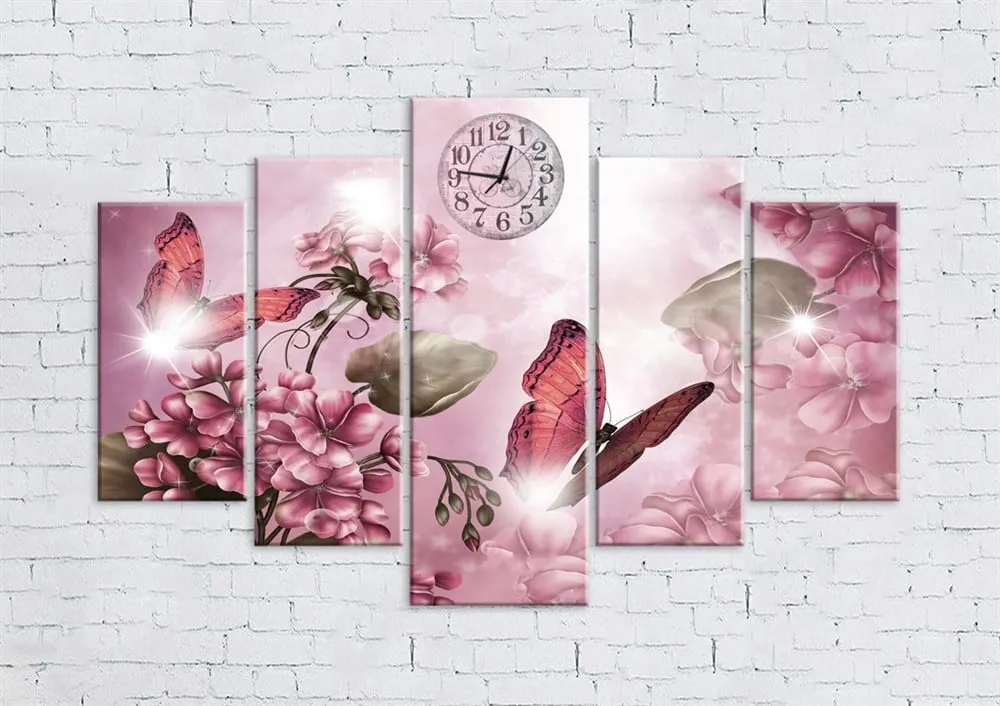 Pembe Kelebekli Çiçekli Saatli Kanvas Tablo