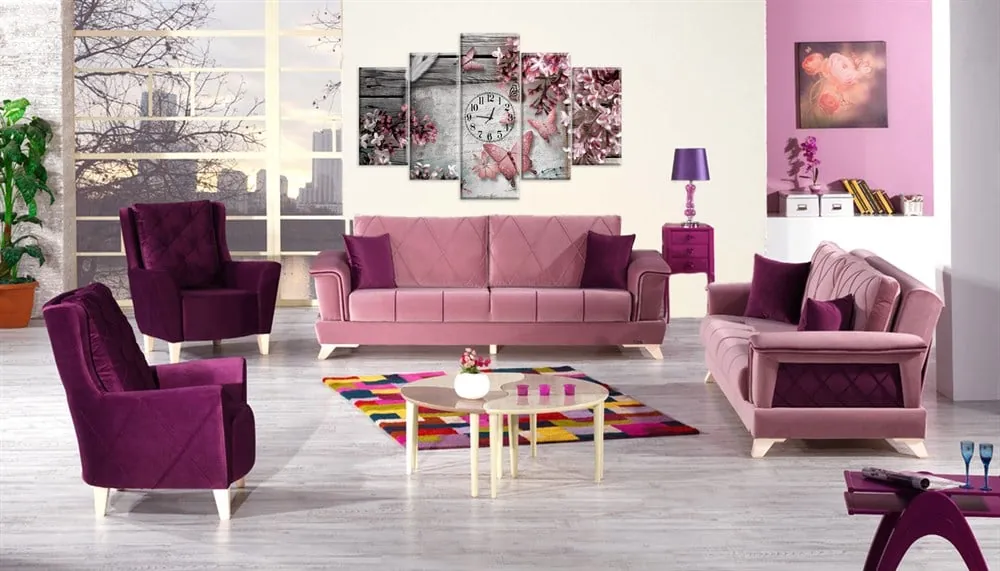 Pembe Tonlarda Kelebekli Çiçekli Saatli 5 Parça Kanvas Tablo