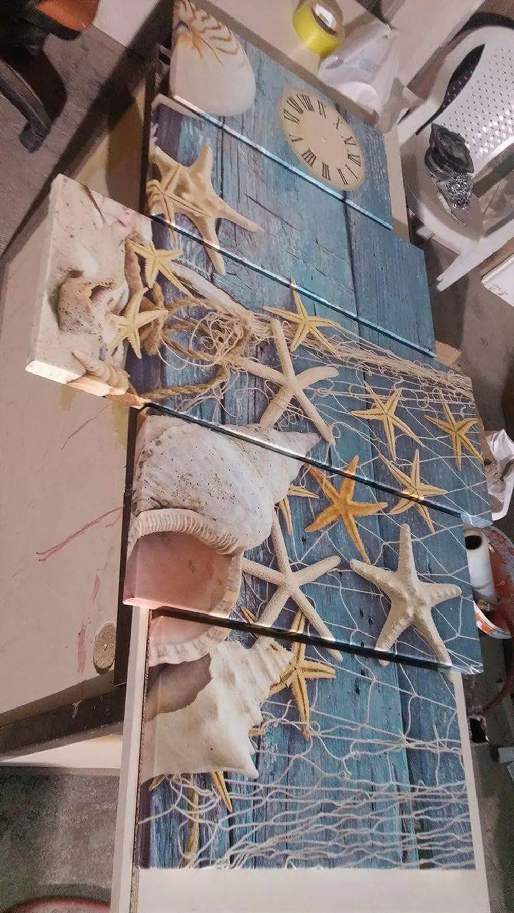 Saatli 5 Parça Deniz Y??ld??z?? ve Kabuklar?? Kanvas Tablo