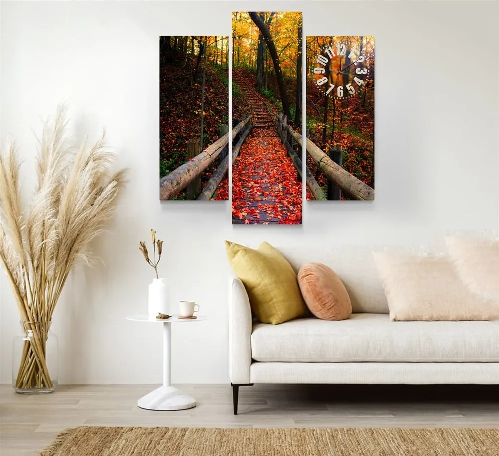 Sonbahar Manzaralı Kırmızı Yapraklı Saatli Kanvas Tablo canvas