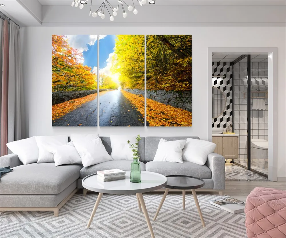 Sonbahar Yapraklar?? ve Yol Manzaralı 3 Parçalı Kanvas Tablo
