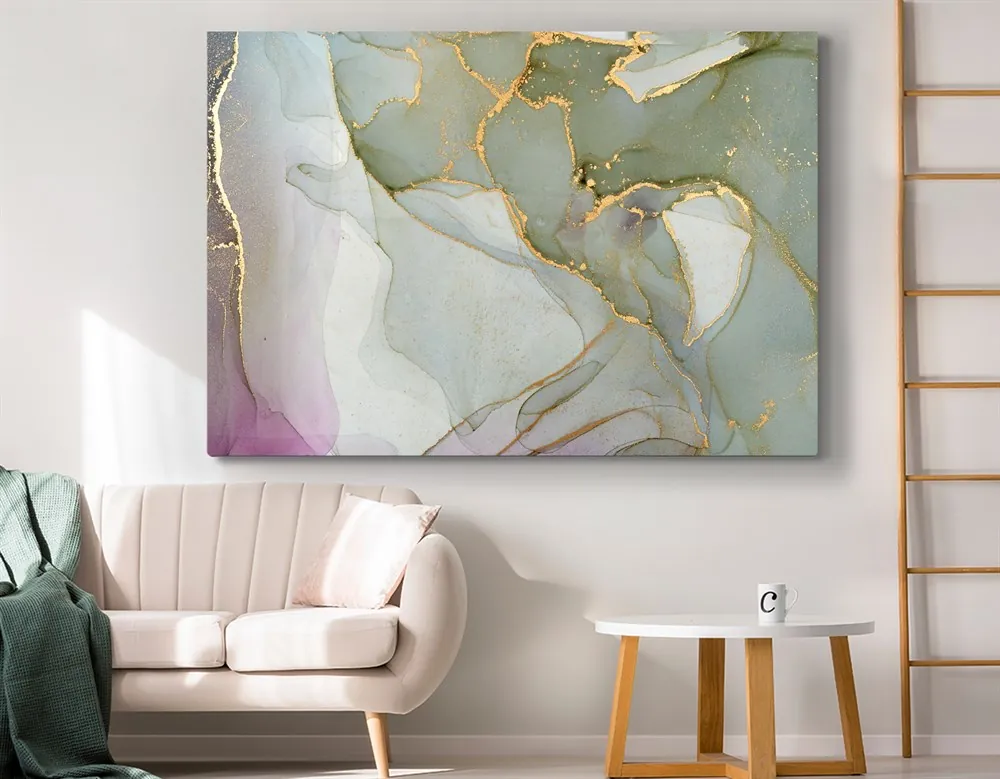 Soyut Ye??il Pembe Renkli Gold Rengi Detayl?? Abstract Kanvas Tablo