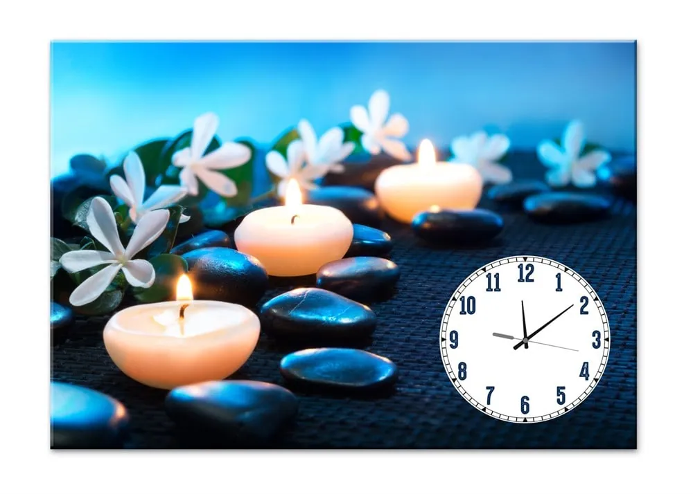 Spa Taşları Mum Işığı Saatli Mavi Renkli Kanvas Tablo