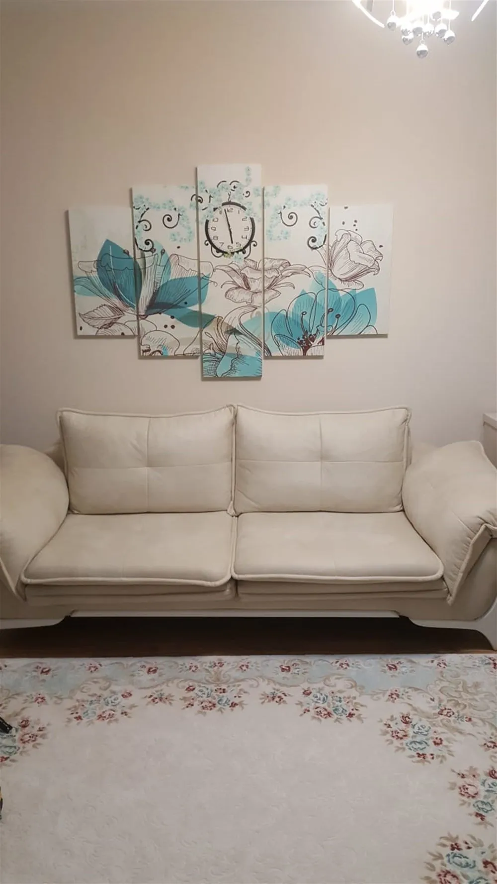 Su Yeşili Renginde Saatli Çiçekli 5 Parçalı Kanvas Tablo